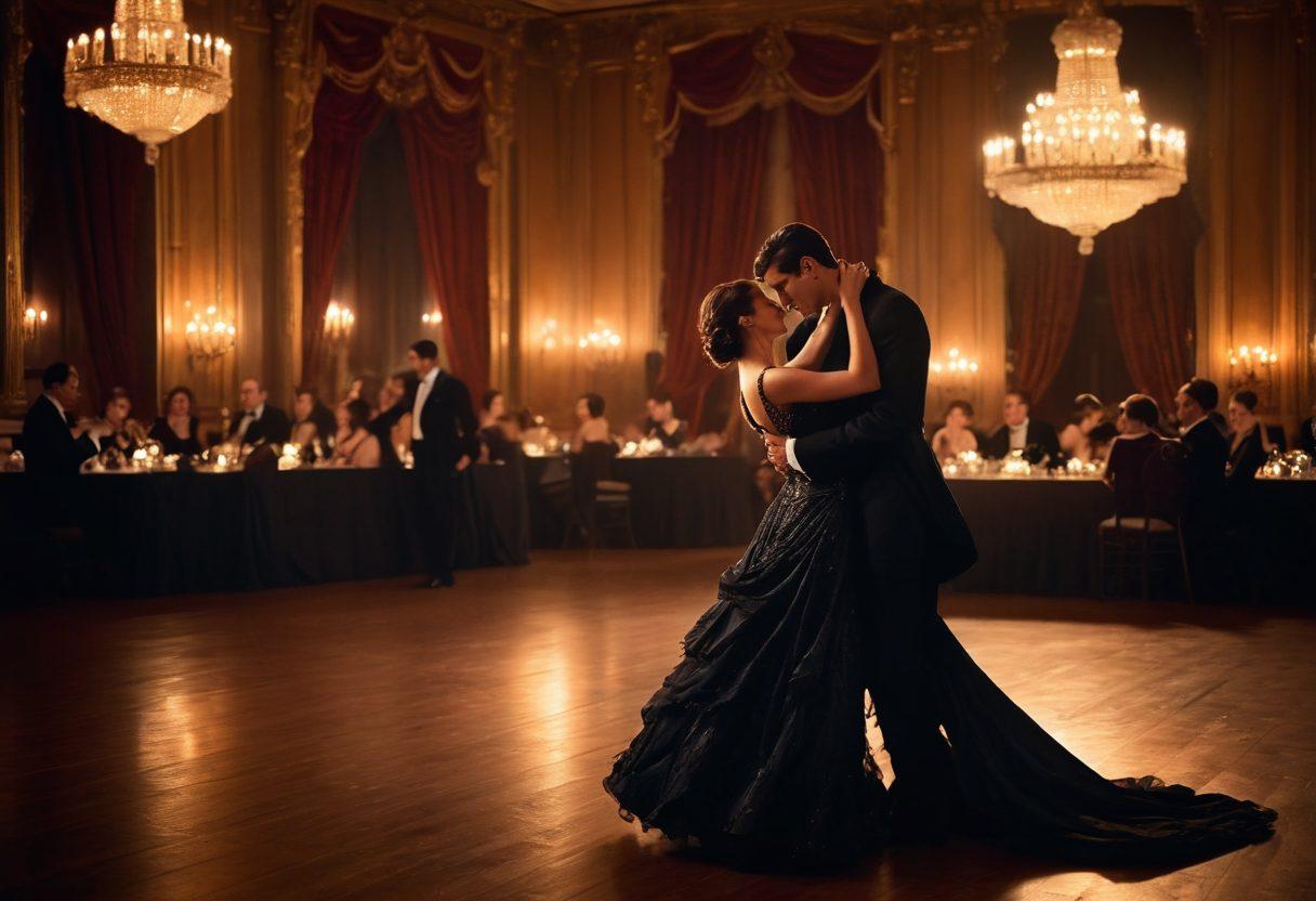 A captivating scene depicting an elegant ballroom filled with couples in an intimate dance, showcasing a mixture of passion and intrigue. One couple stands out, their expressions embodying the delicate balance between affection and control. The ambiance is enhanced by deep shadows and soft candlelight, while rich textures and dark colors create a sense of seduction. The dancers' attire should be intricate, hinting at mystery and allure. oil painting. dark elegance. warm tones.