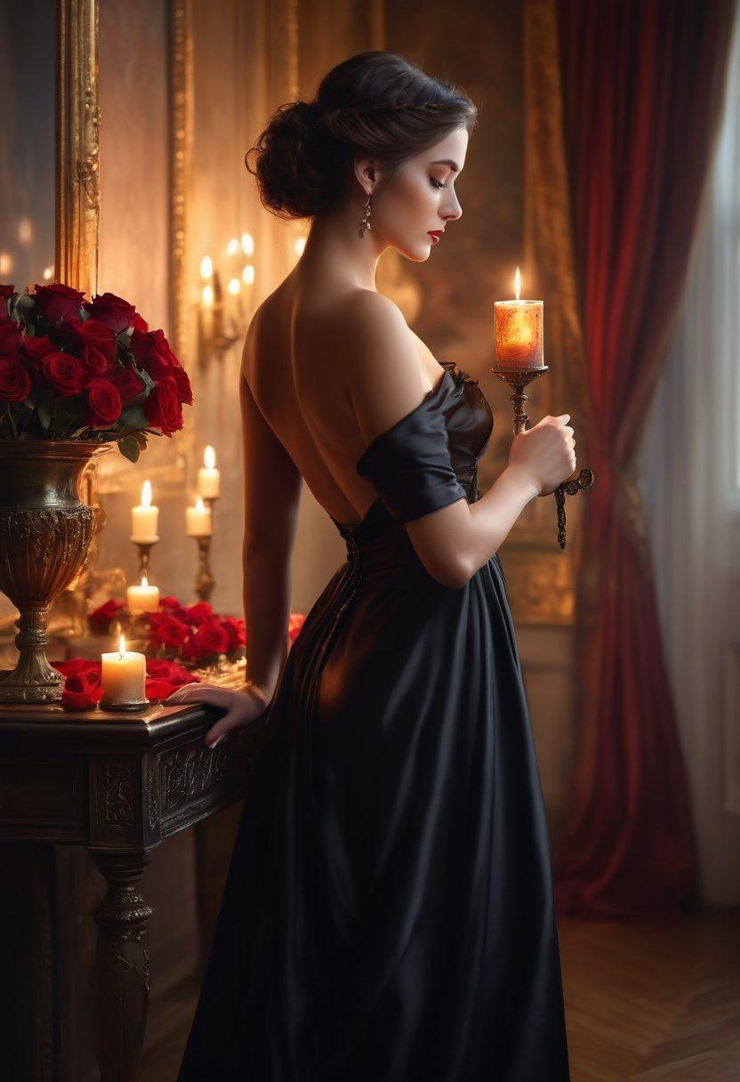 A mysterious and elegant figure draped in dark satin, surrounded by soft shadows and hints of red roses. The background features a dimly lit room with golden accents and flickering candles, exuding a seductive atmosphere. The figure gazes confidently, embodying the themes of desire and power while holding a vintage key, symbolizing unlocking hidden passions. Add subtle sparkles in the air to enhance the allure. artistic painting. dark elegance. warm colors.