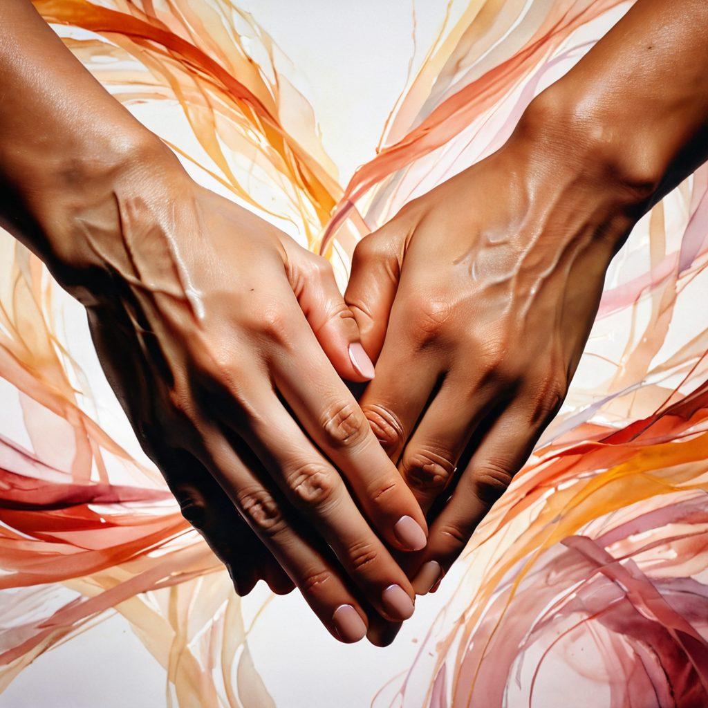 A close-up of intertwined hands symbolizing passion, with delicate hints of submission through gently clasped fingers, surrounded by swirling abstract representations of love and conflict. In the background, soft shadows and silhouettes of diverse couples in moments of connection. Warm, inviting colors blending into cooler tones to capture the complexity of emotions in modern romance. super-realistic. vibrant colors.